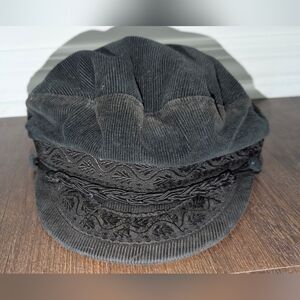 Vtg Greek Fisherman's Cap Men's News Cap Cotton Black Corduroy AEGEAN SF-ATHENS